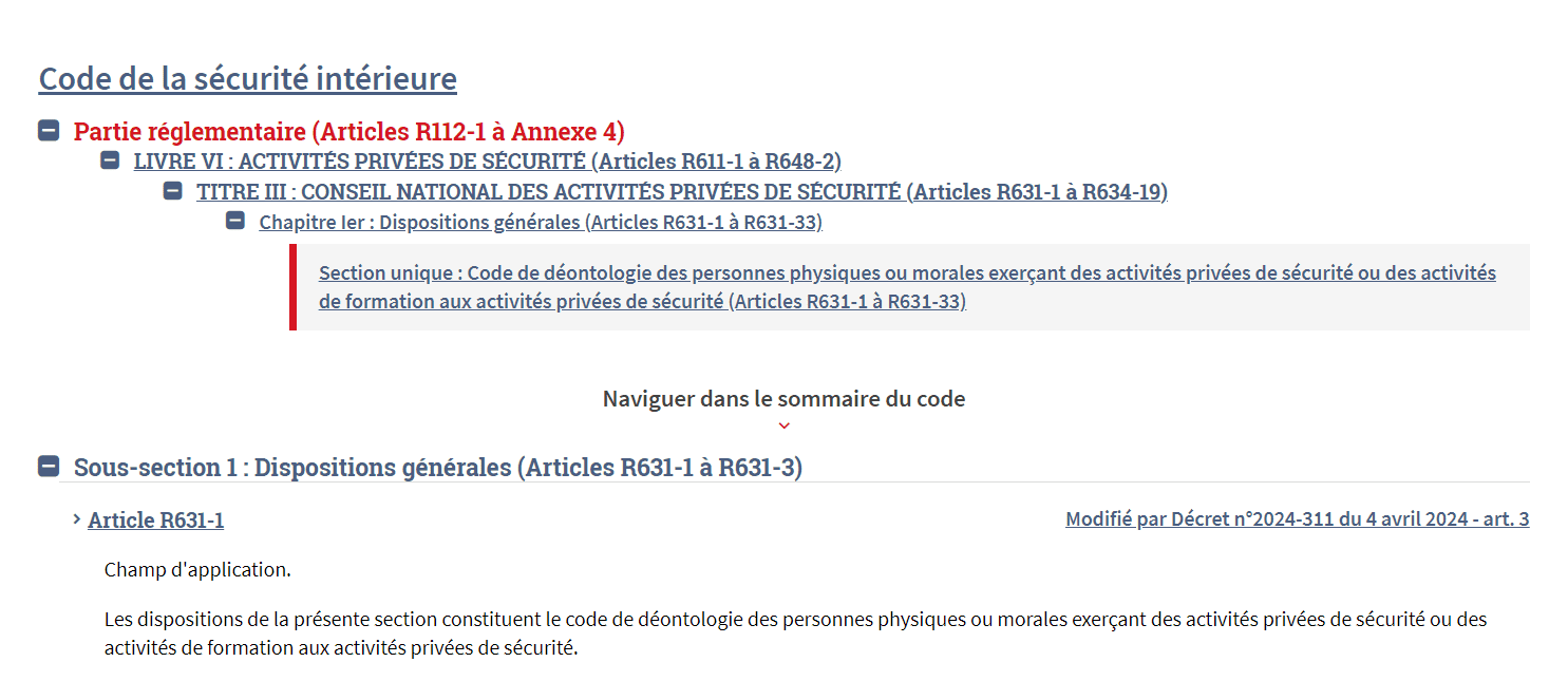 Code de déontologie des activités privées de sécurité (référence CNAPS / sécurité privée)
