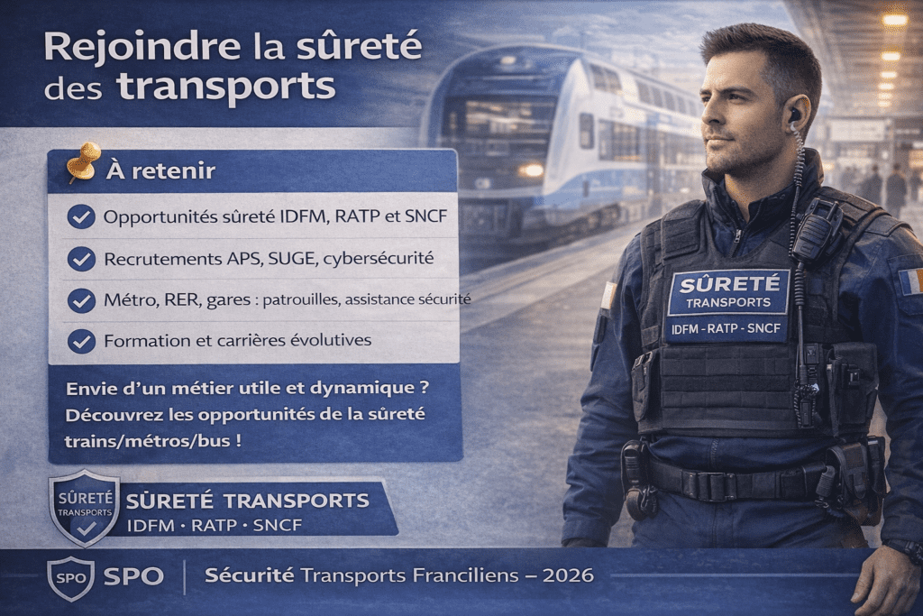 Carte à retenir présentant les recrutements sûreté transports RATP SNCF Île-de-France Mobilités avec métiers APS et parcours de candidature