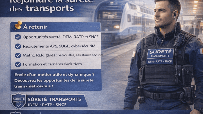 Carte à retenir présentant les recrutements sûreté transports RATP SNCF Île-de-France Mobilités avec métiers APS et parcours de candidature