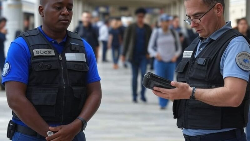 Agent de sûreté ferroviaire effectuant un contrôle de sécurité dans une gare – renforcement de la sécurité dans les transports publics