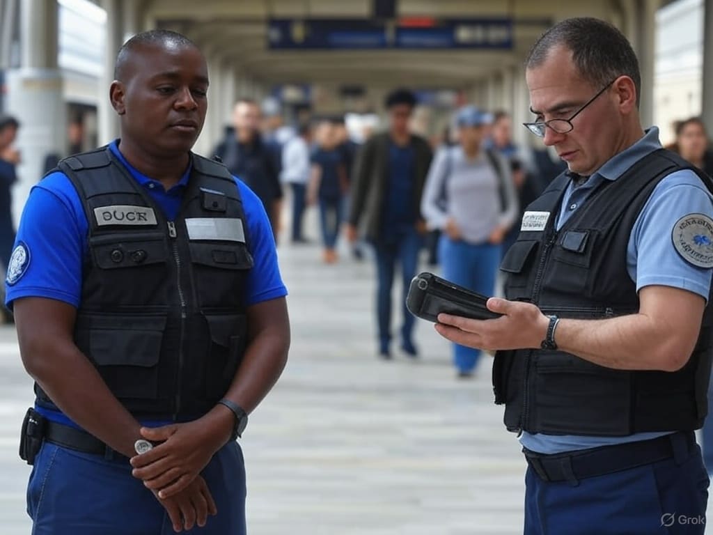 Agent de sûreté ferroviaire effectuant un contrôle de sécurité dans une gare – renforcement de la sécurité dans les transports publics
