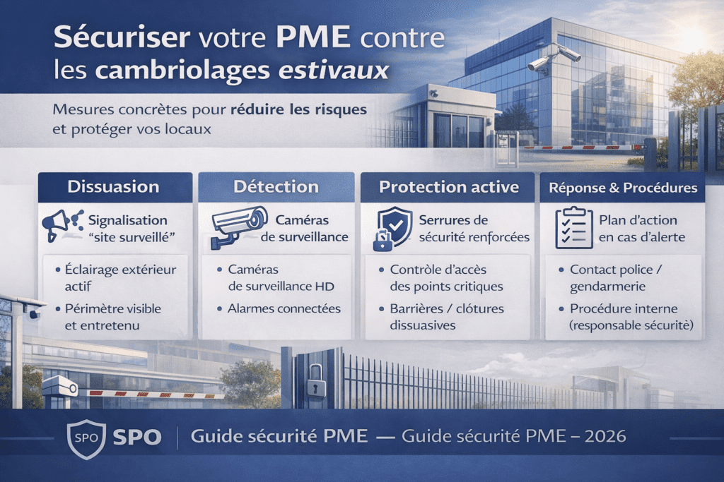 Infographie présentant les mesures de sécurité pour protéger une PME contre les cambriolages estivaux : dissuasion, vidéosurveillance, alarmes, contrôle d’accès et plan d’action.