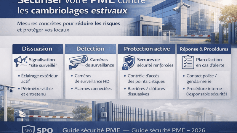 Infographie présentant les mesures de sécurité pour protéger une PME contre les cambriolages estivaux : dissuasion, vidéosurveillance, alarmes, contrôle d’accès et plan d’action.