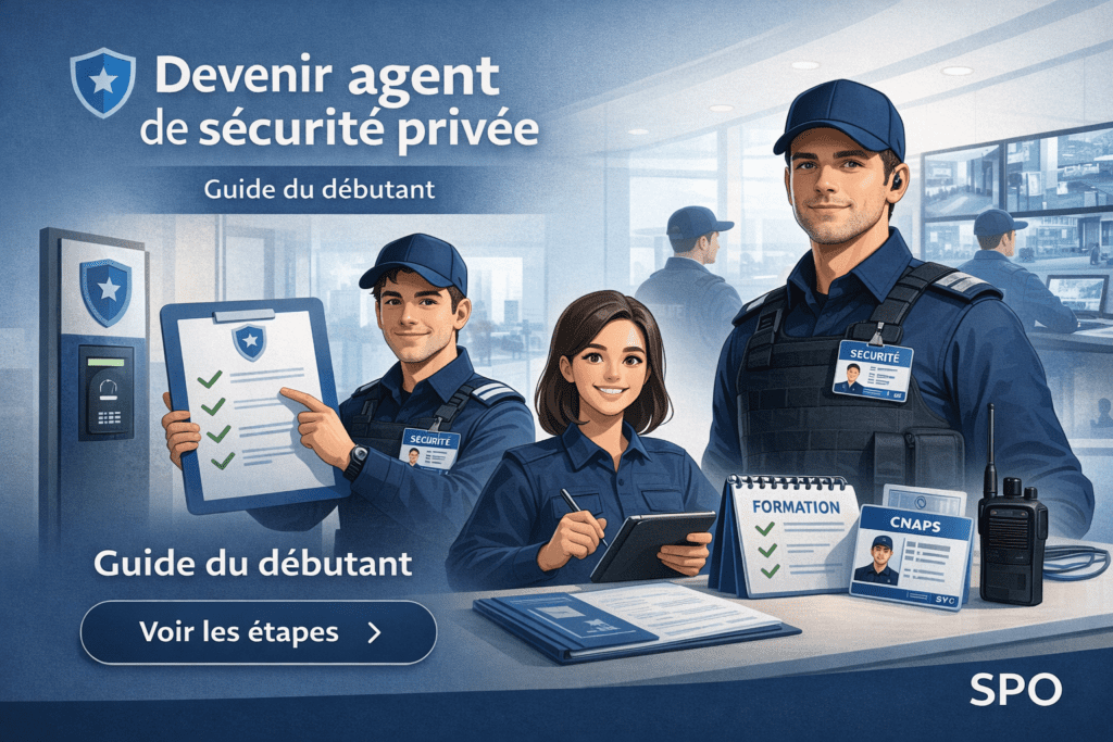 Guide 2026 pour devenir agent de sécurité privée : formation TFP APS, démarches carte professionnelle CNAPS, premiers postes et étapes du parcours débutant