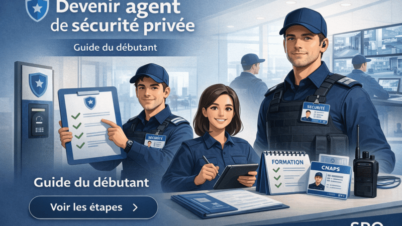 Guide 2026 pour devenir agent de sécurité privée : formation TFP APS, démarches carte professionnelle CNAPS, premiers postes et étapes du parcours débutant