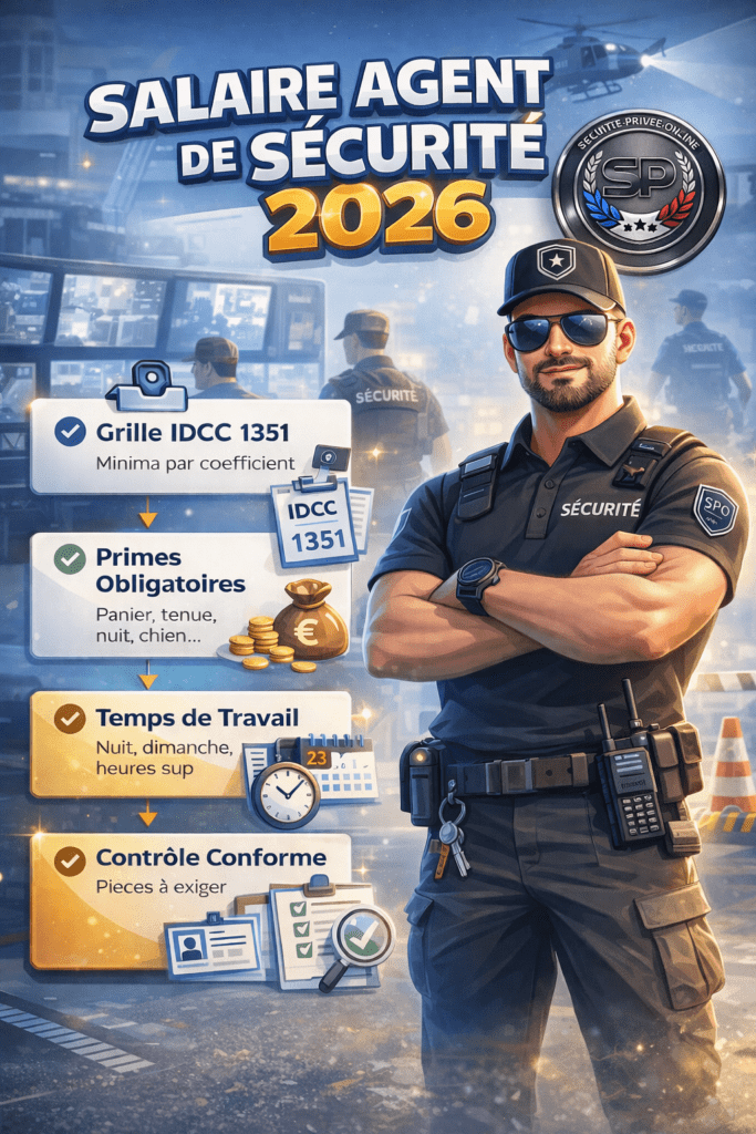 Grille de salaire 2026 des agents de sécurité privée avec coefficients, minima conventionnels et rémunérations mensuelles par métier (APS, SSIAP, cynophile, chef de poste)