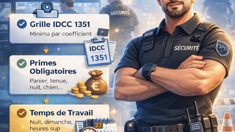 Grille de salaire 2026 des agents de sécurité privée avec coefficients, minima conventionnels et rémunérations mensuelles par métier (APS, SSIAP, cynophile, chef de poste)
